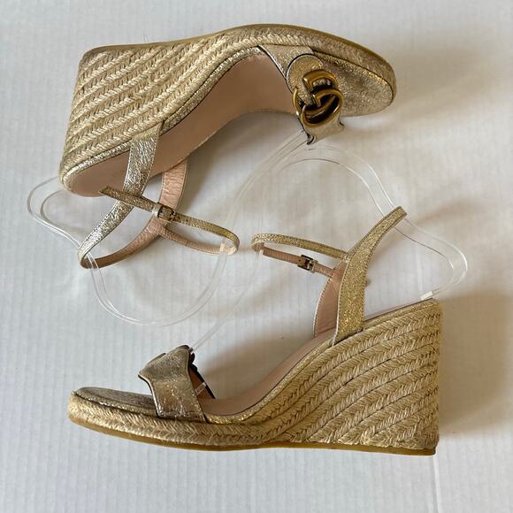 Gucci Aitana GG Marmont Espadrille Platform Wedge Heel Sandals Gold Size EU 37.5 - Picture 8 of 13